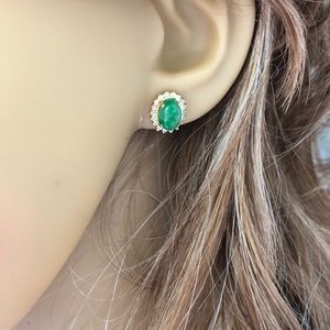 14K Solid Gold Oval Jade CZ Stud Earrings